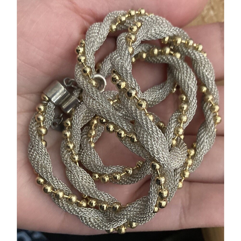 Vintage Silver Mesh Chain Twisted Gold Beaded Chain Collar Necklace Fancy